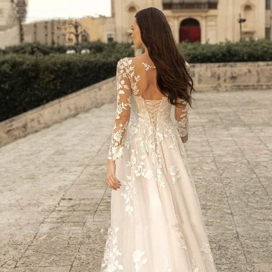 Beach Wedding Beach Formal Wedding Dresses A-Line V Neck Long Sleeve Dresses